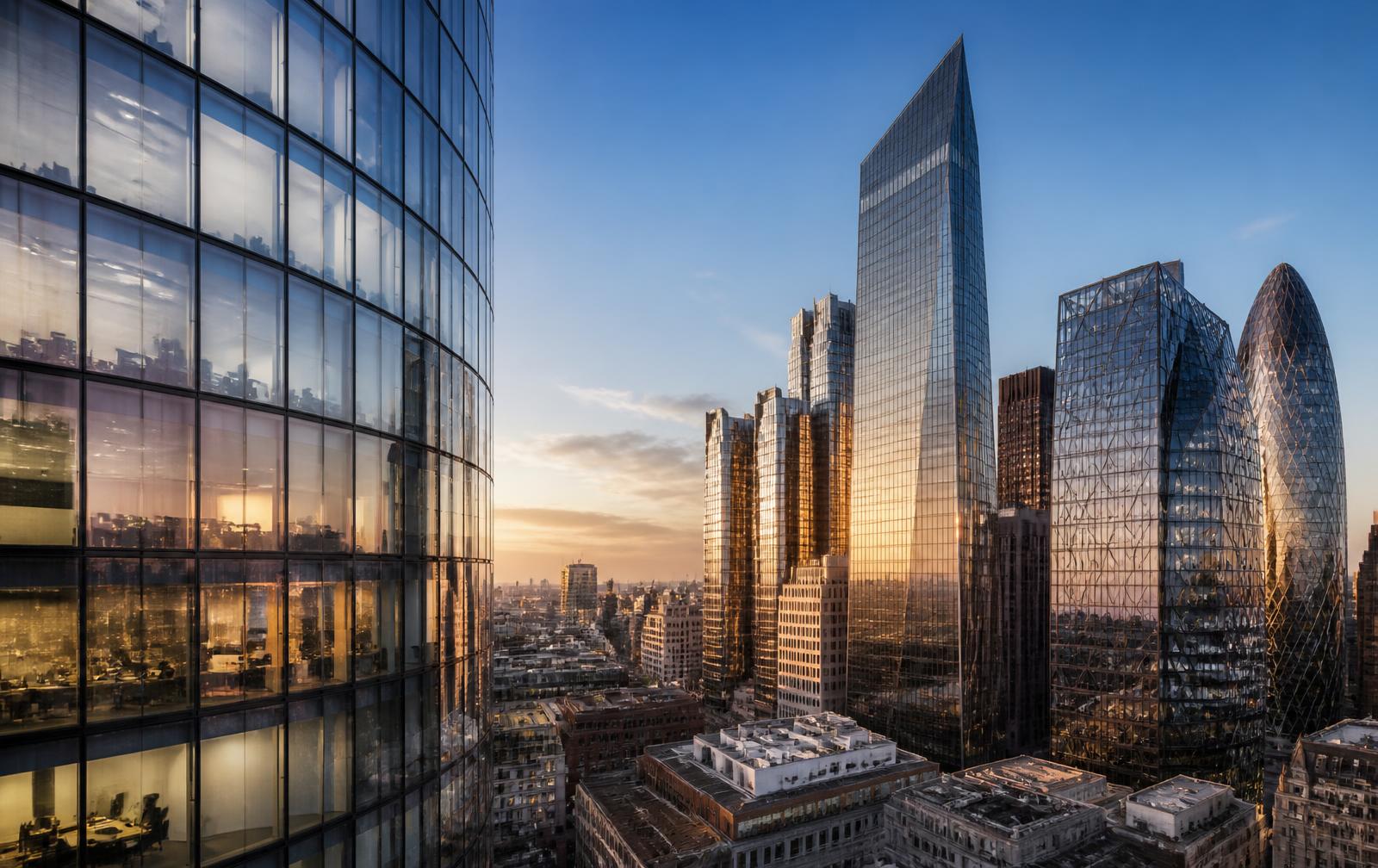 London financial district skyline at golden hour, reflecting ARVY Capital Group's long-term commercial property focus